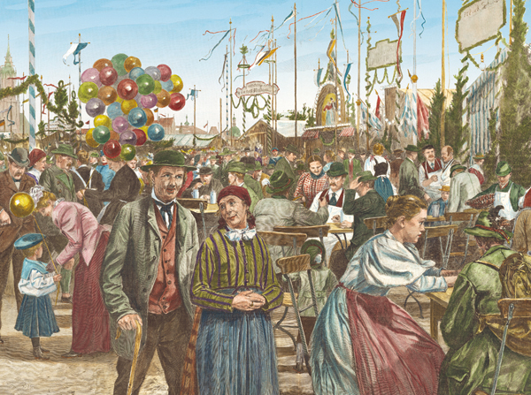Oktoberfest, Festwiese, 1898, Holzstich, handkoloriert, Monatsblatt aus dem Kalender „Königliches Bayern 2012