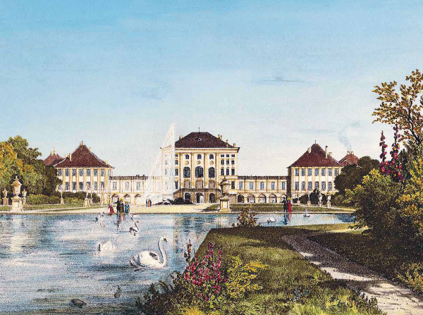 Schloss Nymphenburg, 1835, Holzstich, handkoloriert, Monatsblatt aus dem Kalender „Königliches Bayern 2024