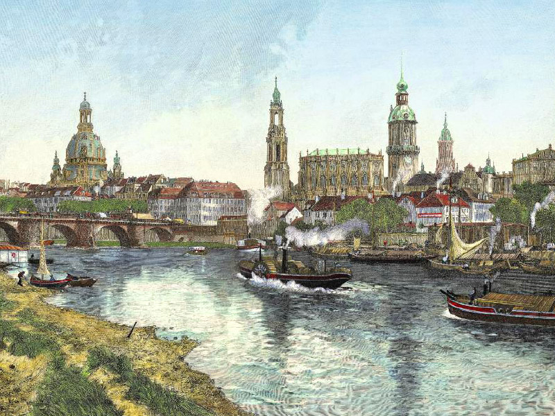 Dresden vom Palaisgarten aus gesehen,1899, Holzstich, handkoloriert, Monatsblatt aus dem Kalender „Königliches Sachsen 2010